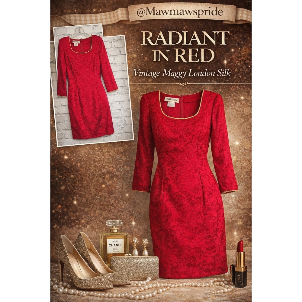 VINTAGE RADIANT IN RED 100% SILK Maggy London POWER RED Sheath dress Womens S